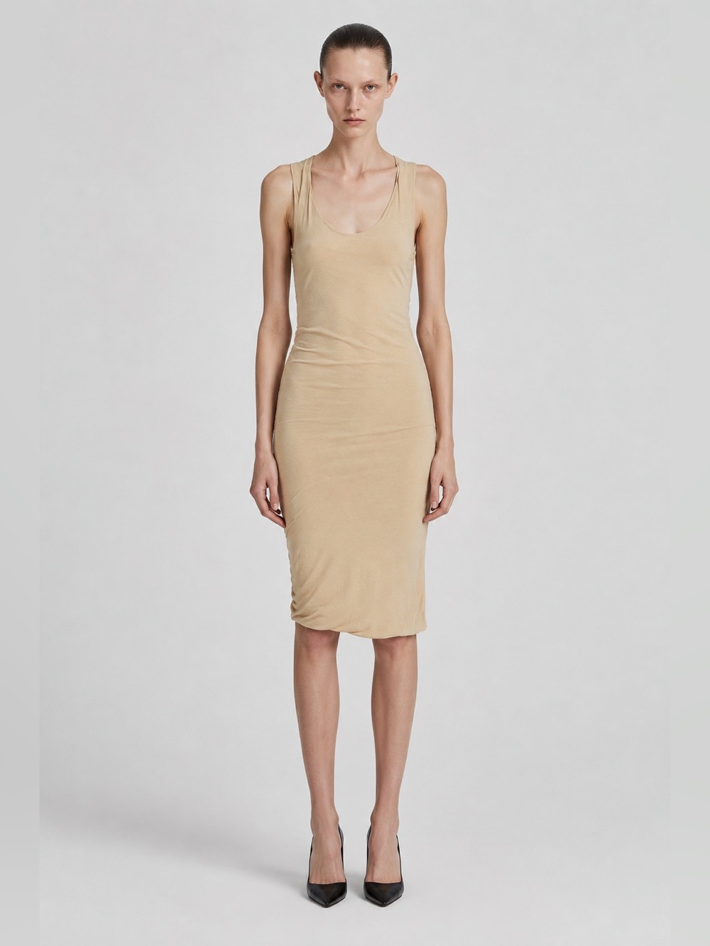 John Elliott Sleeveless Scoop Neck Midi Dress in Beige
